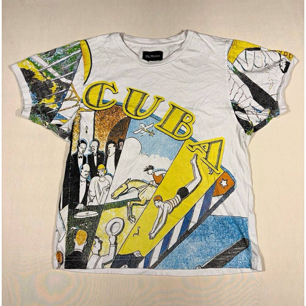 The Bureau Mens S White/Multicolor Cotton Knit Cuba Graphic Print Crew Neck Tee